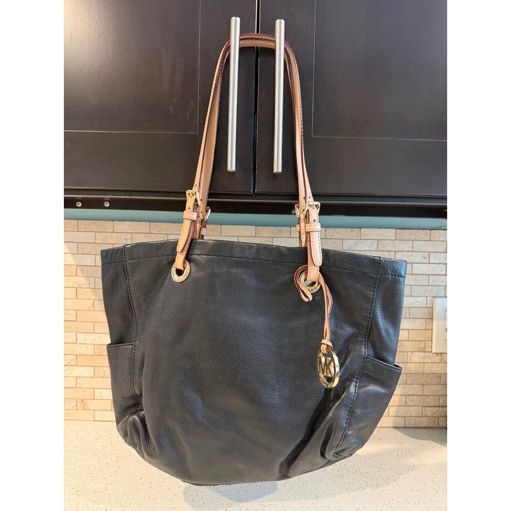 Michael Kors Black Pebbled Shoulder Tote Bag Gold Hardware Tan Straps